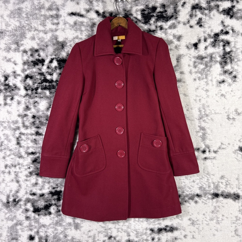 Tulle Wool Coat Womens Medium‎ Red Big Buttons Snap Closure Pockets Hippie Long